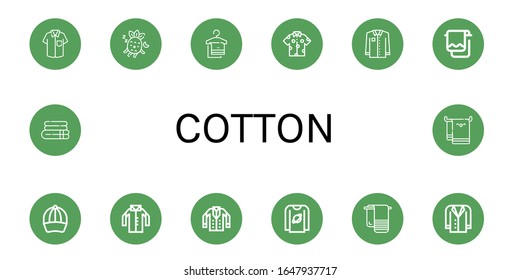 cotton simple icons set. Contains such icons as Shirt, Sleeping, Towel, Baseball cap, Jacket, T shirt, Beach towel, can be used for web, mobile and logo