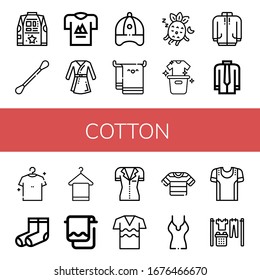 cotton simple icons set. Contains such icons as Shirt, Cotton swabs, T shirt, Bathrobe, Baseball cap, Beach towel, Sleeping, Laundry, Long sleeve, can be used for web, mobile and logo