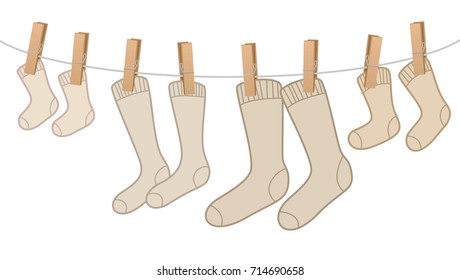 Cotton Socks On Clothesline Family Cotton Socks - Brown, Woolen Family Pack On Clothesline - For Mum, Dad, Kid And Baby. Isolated Vector Comic Illustration On White Background.