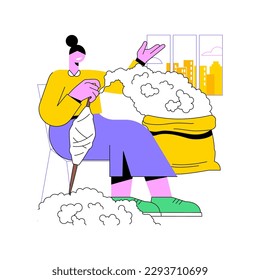 Ilustraciones de vectores de dibujos animados aislados con hilatura de algodón. Mujer agricultora que se ocupa de la hiladura de algodón, la industria agrícola, el sector de la producción agroindustrial, la caricatura de vectores de procesos de fabricación.
