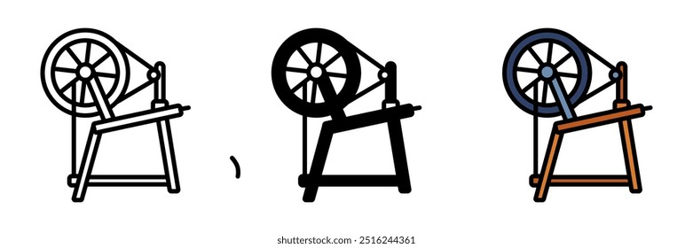 Ícone de roda de fiação de algodão, uma máquina tradicional usada para fiar fibras de algodão em fio ou fio, crucial para a produção têxtil.