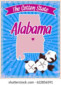 The Cotton State. Stylized image of cotton bolls. Map of the state of Alabama on a blue striped background. Deep South. Style of the vintage poster. Universal print. Vector illustration EPS 8