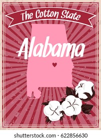 The Cotton State. Stylized image of cotton bolls. Map of the state of Alabama on a red striped background. Deep South. Style of the vintage poster. Universal print. Vector illustration EPS 8