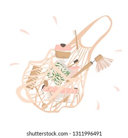 From cotton string bag spilled out attributes of zero waste lifestyle. Isolated illustration