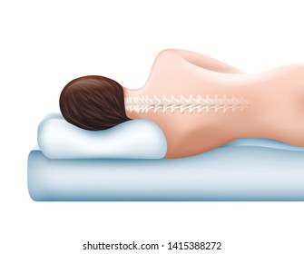 Cotton Surface. Orthopedic Pillow. Healthy Sleep. Woman with Even Spine Lying on Pillow. Sleep on Pillow. White Background. Advertising Image. Anatomical Form. Vector Illustration. Natural Material.