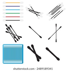 Cotton Swab Icon Set, Paper Ear Sticks Symbol, Hygiene Buds Sign, Earwax Cleaner Swab Silhouette, Minimal Ear Sticks Icons on White Background, Vector Illustration