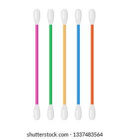 Cotton swab isolated on white background. Care and hygiene. Colorful ear and cosmetic buds. Wooden ear stick. Bath and makeup symbols.. Vector illustration