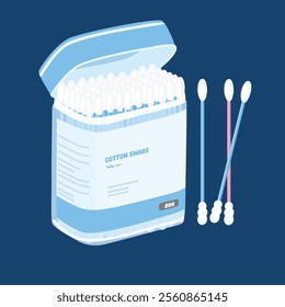 Cotton swab vector. Cotton swab box and stick clipart. Cleanliness and self care. Thin short stick with cotton wrapped around the tip to clean the affected area of ​​the ear, nose. Cartoon flat vector