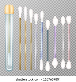 Cotton swabs buds vector illustration on 3d realistic plastic or wooden sticks. Isolated set for ear cleaning hygiene, cosmetics or DNA and medical microbiology sample tests with glass vial