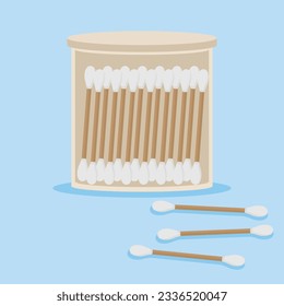 Cotton swabs in container vector illustration on blue background. Cotton swab for hygiene items, self-care and baths. Toiletries and clean items.