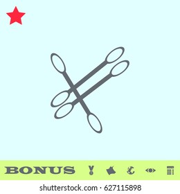 Cotton swabs icon flat. Grey pictogram on blue background. Vector illustration symbol and bonus buttons medal, cow, earth, eye, calculator