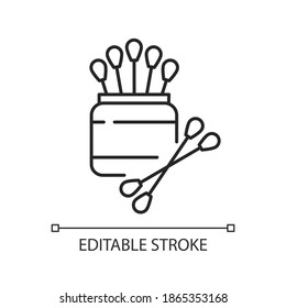 Cotton swabs linear icon. Medical equipment for laboratory experiment. Hygienic supply. Thin line customizable illustration. Contour symbol. Vector isolated outline drawing. Editable stroke