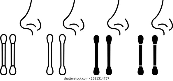 cotton swabs with nose icon set, Conceptual flat design icons of cotton buds Flat Graphic Design, Nasal swab test. isolated on transparent background, used for mobile apps, Pharmacy template designs.