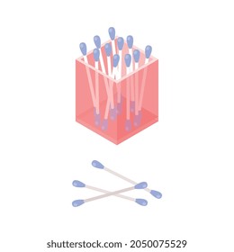 Marcas de algodón en caja de plástico icono isométrico sobre fondo blanco Ilustración vectorial 3d