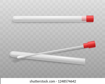 Cotton swabs in plastic tube with red cap 3d realistic vector isolated on transparent background. Equipment for medical or scientific test. Tool for collecting biological material for genetic research