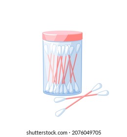 Cotton swabs in round container. Vector illustration cartoon flat icon isolated on white background.