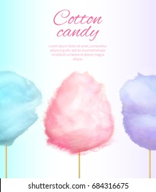 Cotton sweet candies on stick vector colorful illustration isolated on white with place for text. Banner with tasty floss form of spun sugar