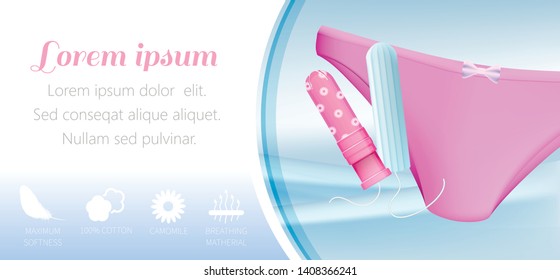 Cotton Tampon with Invisible Protect for Active Women. Hygienic Menstruation Blood Absorbent and Female Pink Panty Illustration. Realistic Vector 3d Advertising Banner. Comfort and Safety while Period