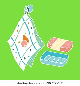 Cotton towel and soap bar. Ecological and zero-waste products and items. Green house and plastic-free living.