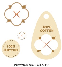 Cotton vector icon set, 100% cotton label, organic cotton tag on white background, isolated sticker with cotton flower for textile industry.