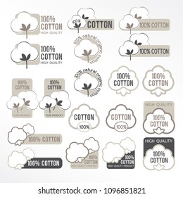 Cotton vector icons set, labels, stickers and emblems.  Textile decorative elements