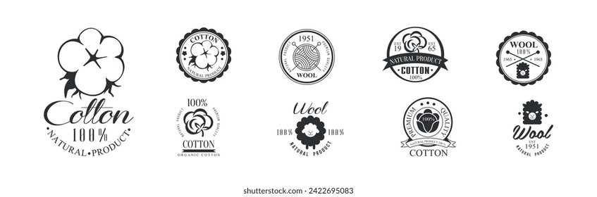 Conjunto de vectores de algodón y lana negro y emblema
