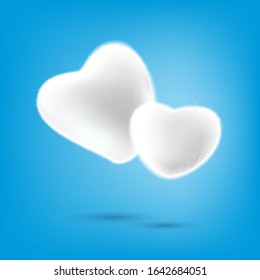 Cotton wool heart shape on blue background, love concept, vector illustration and design.