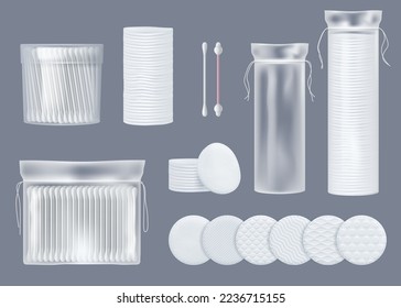 Cotton wool items. Hygiene cosmetics products for skin care ear swabs and soft pads decent vector realistic templates