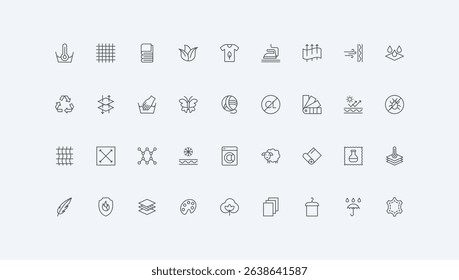 Cotton and wool, leather and silk, membrane layers thin black outline symbols vector illustration. Fabric features and properties, waterproof and windproof, stretch material line icon set