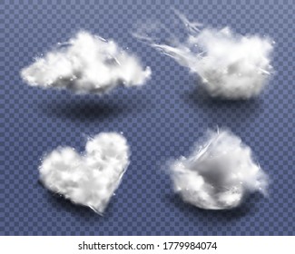 Cotton wool pieces in shape of cloud and heart isolated on transparent background. Vector realistic set of soft balls of wool fiber or white fur, medical cotton swabs