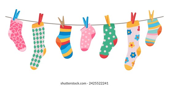 Cotton and wool socks hanging on clothesline rope with clothespins, cartoon vector. Socks hang on laundry line with pins for kids print design, colorful socks with ornament pattern on clothesline