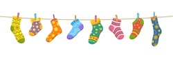 Cotton And Wool Socks On Clothesline. Socks Hanging On A Rope With Clothespins, Vector Cute Baby Laundry. Cartoon Foot Clothes With Color Hearts, Stars, Stripes And Flowers Pattern Drying On String