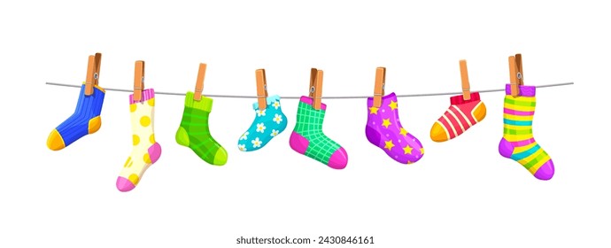 Cotton and wool socks on clothesline rope with clothespins, cartoon vector background. Kids socks hanging on line with pins, socks with color ornament pattern hanging on laundry clothesline