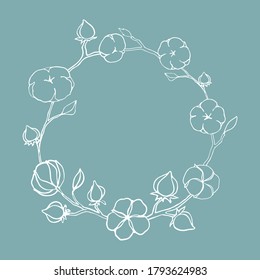 Cotton wreath, border, frame with copy spase. Outline.
