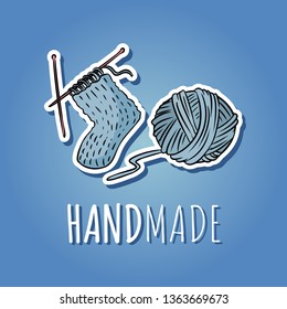 Cotton yarn ball and knitted sock. Handmade logo design. Hand drawn cute cartoon icon