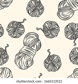 Cotton yarn comic style doodles top view seamless pattern. Cozy boho template background tile