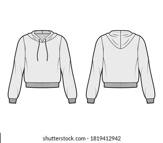 Cotton-fleece hoodie technical fashion illustration with relaxed fit, long sleeves, ribbed trims. Flat jumper apparel template front, back, grey color. Women, men, unisex sweatshirt top CAD mockup