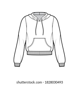 Cotton-fleece hoodie technical fashion illustration with relaxed fit, long sleeves, ribbed trims, front pocket. Flat jumper apparel template front, white color. Women, men, unisex sweatshirt top CAD