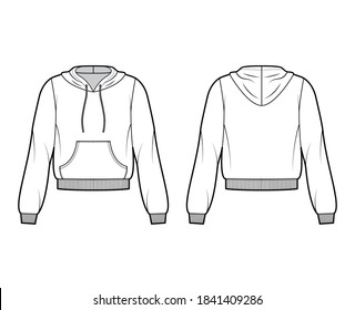 Cotton-fleece hoodie technical fashion illustration with relaxed fit, long sleeves, ribbed trims, front pocket. Flat jumper apparel template front, back, white color. Women, men, unisex sweatshirt top