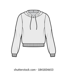 Cotton-fleece hoodie technical fashion illustration with relaxed fit, long sleeves, ribbed trims. Flat jumper apparel template front, grey color. Women, men, unisex sweatshirt top CAD mockup