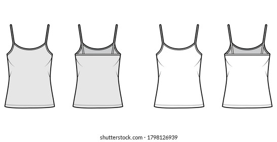 Cotton-jersey camisole technical fashion illustration with scoop neck, oversized body, tunic length. Flat outwear basic tank apparel template front back white grey color. Women men unisex shirt top