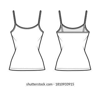 Ilustración técnica de moda de algodón-jersey con cuello de cuchara, cuerpo montado, longitud túnica. Ropa plana uniforme de vestir de tanque básico color blanco trasero delantero. Mujeres hombres unisex camiseta top CAD mockup