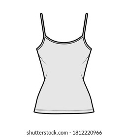 Cotton-jersey camisole technical fashion illustration with scoop neck, fitted body, tunic length. Flat outwear basic tank apparel template front, grey color. Women men unisex shirt top CAD mockup