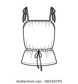 Cotton-jersey camisole technical fashion illustration with tie-fastening straps, drawstring waist, tunic length. Flat apparel top template front, white color. Women, men, unisex CAD mockup. 