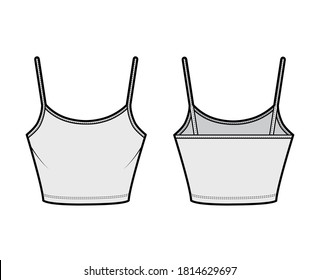 Cotton-jersey cropped camisole technical fashion illustration with scoop neck, fitted body, waist length. Flat outwear basic tank apparel template front back grey color. Women men unisex shirt top CAD