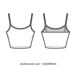 Cotton-jersey cropped camisole technical fashion illustration with scoop neck, fitted body, waist length. Flat outwear basic tank apparel template front back white color. Women men unisex shirt top