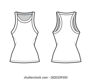 Cotton-jersey racer-back tank technical fashion illustration with fitted body, wide scoop neckline. Flat outwear cami apparel template front, back white color. Women men unisex shirt top CAD mockup