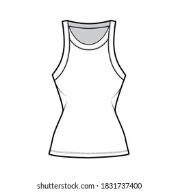 Cotton-jersey racer-back tank technical fashion illustration with fitted body, wide scoop neckline. Flat outwear cami apparel template front, white color. Women men unisex shirt top CAD mockup
