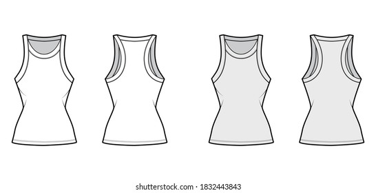 Cotton-jersey racer-back tank technical fashion illustration with fitted body, wide scoop neckline. Flat outwear cami apparel template front, back white grey color. Women men unisex shirt top mockup