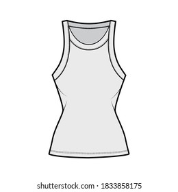 Cotton-jersey racer-back tank technical fashion illustration with fitted body, wide scoop neckline. Flat outwear cami apparel template front, grey color. Women men unisex shirt top CAD mockup